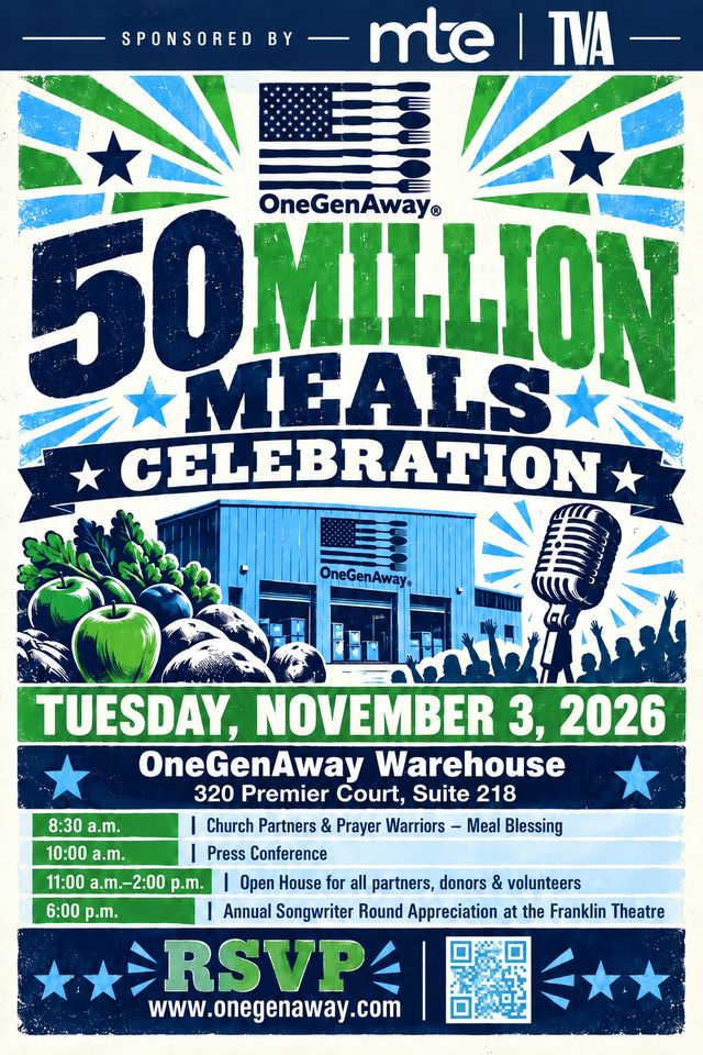 50 Million Meals Celebration poster: Tuesday, November 3, 2026 at the OneGenAway Warehouse, sponsored by MTE and TVA
