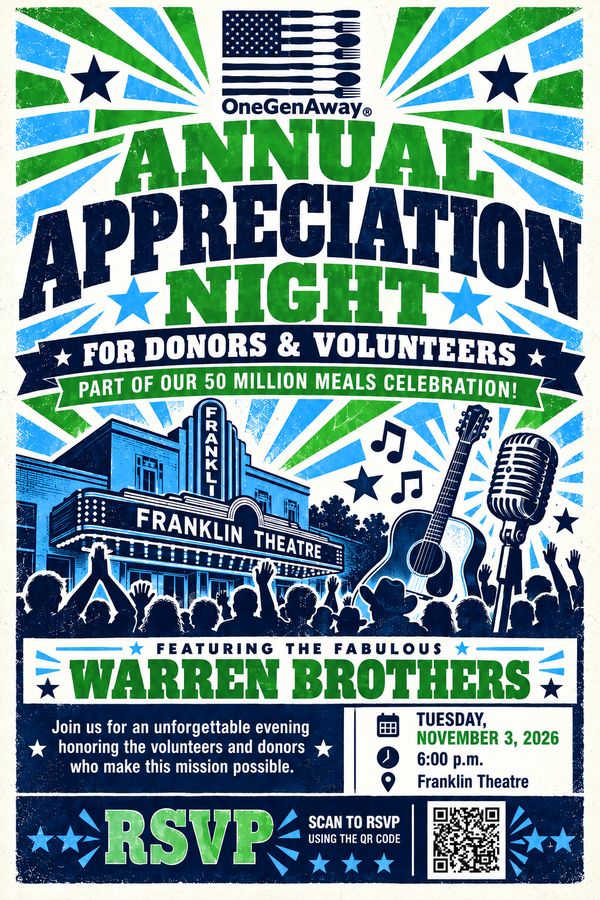 Annual Appreciation Night flyer: for donors and volunteers, featuring the Warren Brothers, Tuesday, November 3, 2026 at 6:00 p.m. at the Franklin Theatre