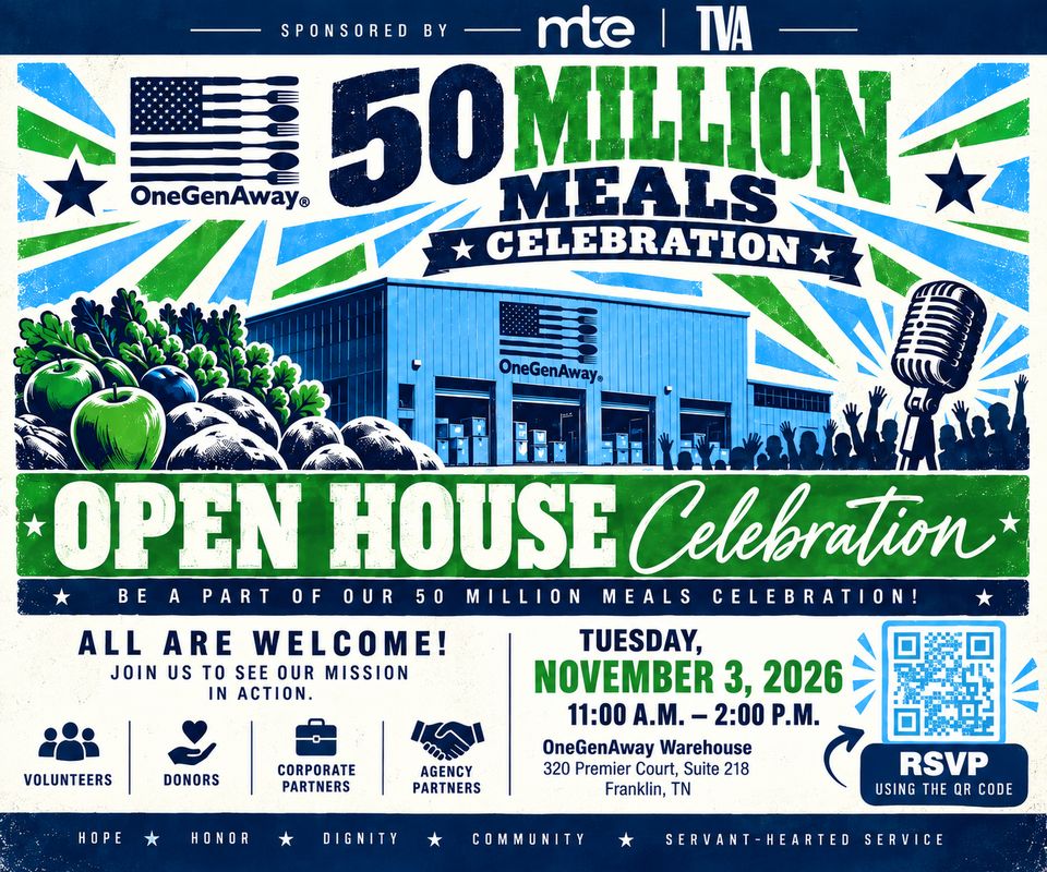 Open House Celebration flyer: Tuesday, November 3, 2026, 11:00 a.m. to 2:00 p.m. at the OneGenAway Warehouse, 320 Premier Court, Suite 218, Franklin, TN